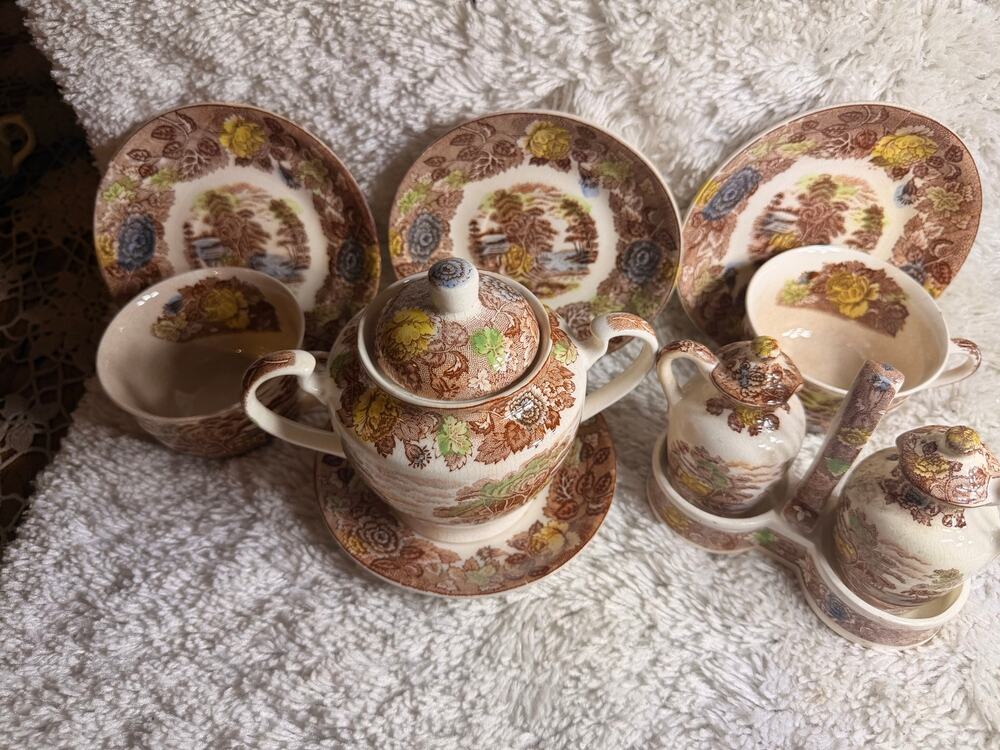 brown set 11pcs Nasco Mountain Woodland Brown Tea Set Teapot Cups Cruet Set